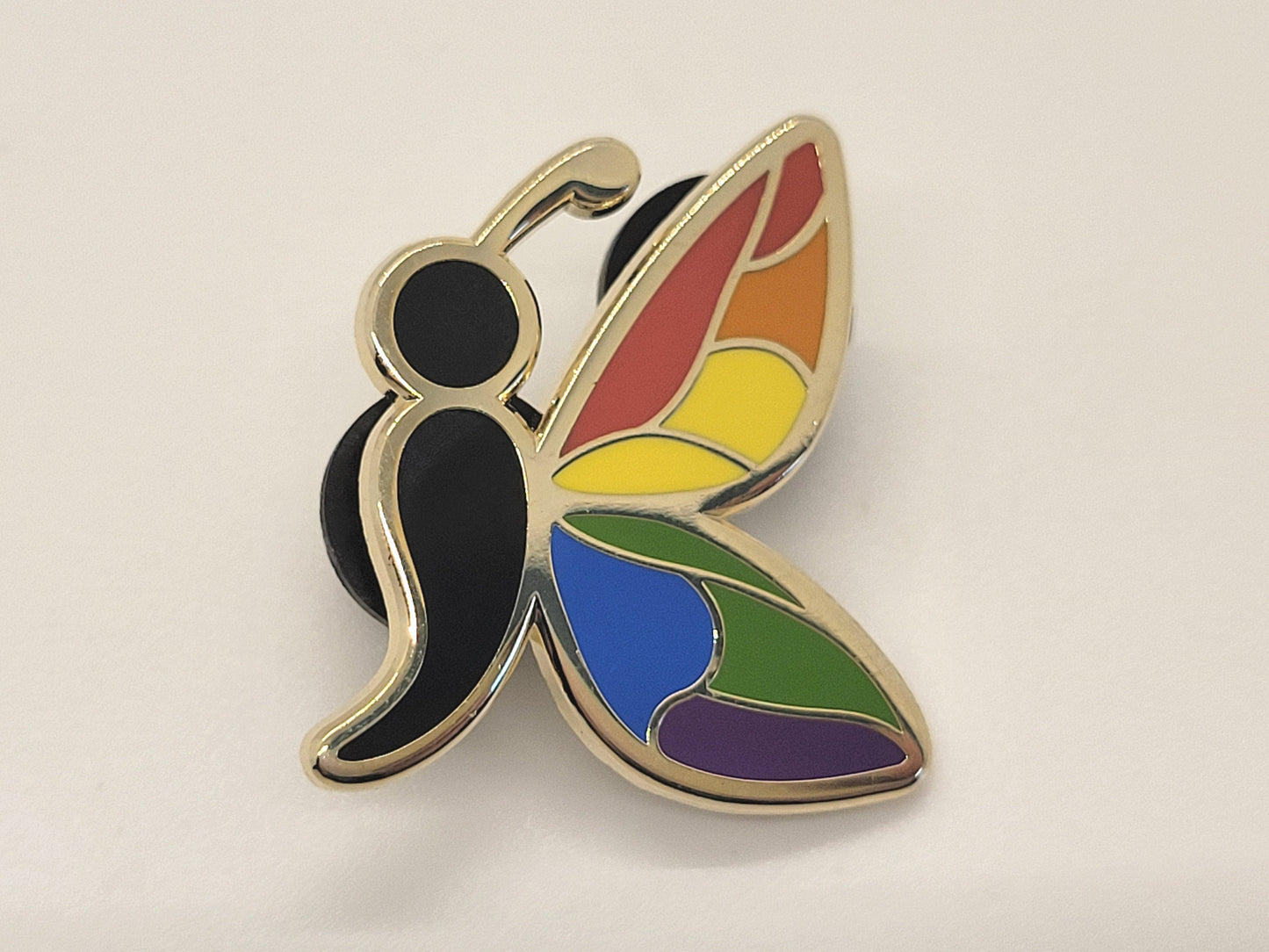Semicolon Butterfly Pin with Rainbow Pride Colors | Suicide Prevention Mental Health Awareness Enamel Lapel Pin