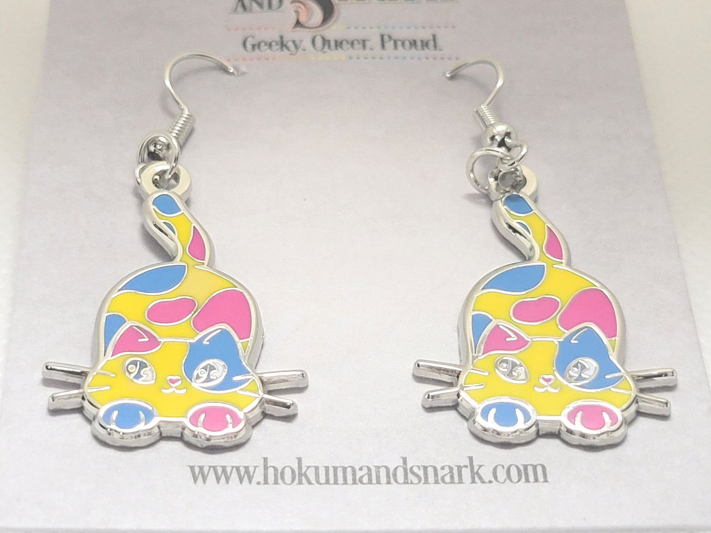 Pansexual Purride Calico Cat Earrings in Pan Pride Flag Colors | Chibi Neko LGBTQ+ Subtle Pride Jewelry