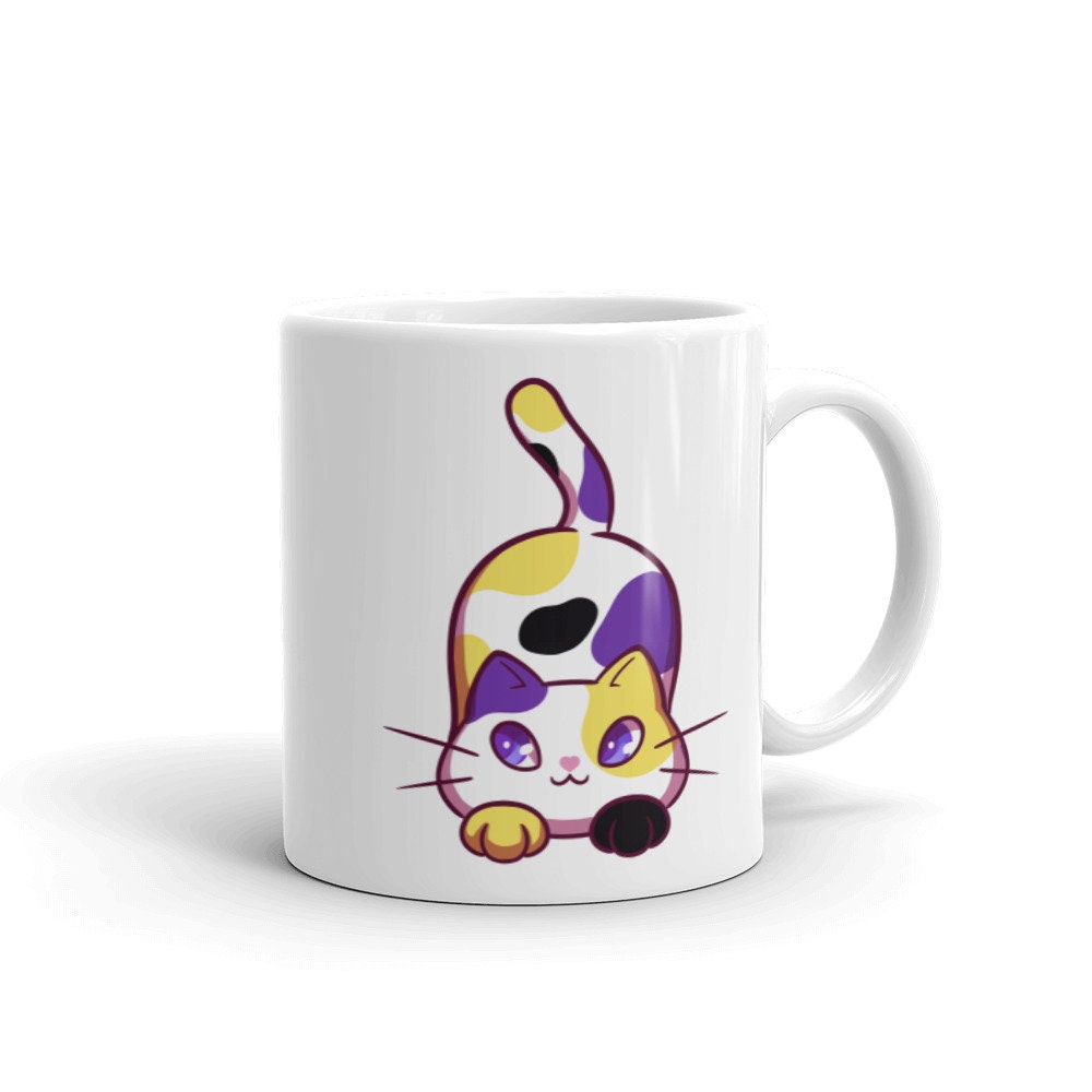 Nonbinary Gender Nonconforming Chibi Kitty in Enby Pride Flag Colors White Ceramic Mug - 11 oz or 15 oz - LGBT Pride Gifts & Accessories