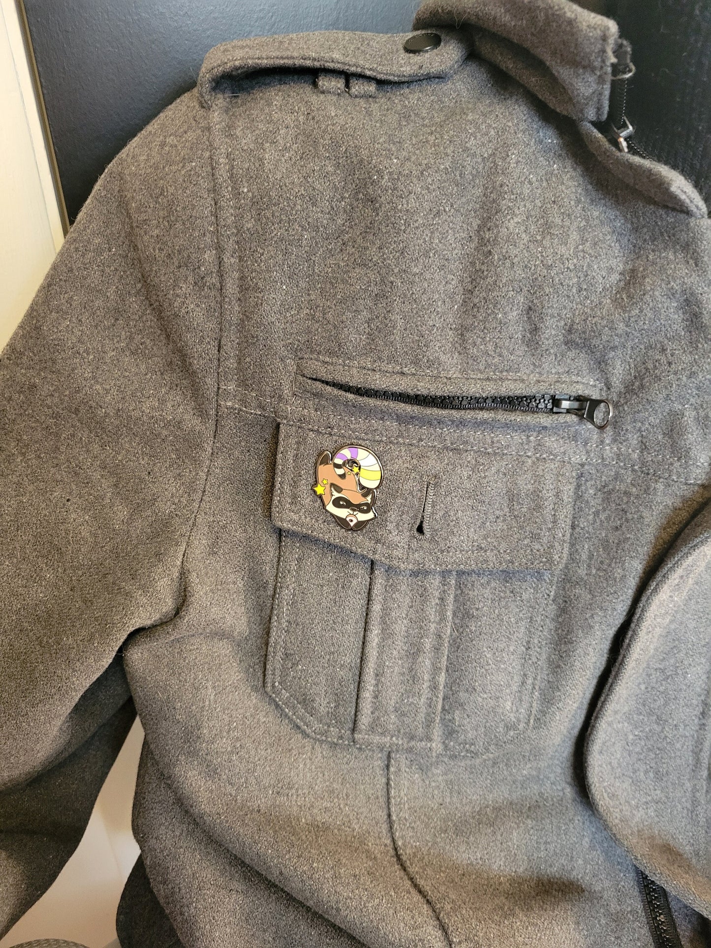Nonbinary Pride Raccoon Enamel Lapel Pin | Chibi Gay Trash Panda Hard Enamel Pin Enby Pride Flag Stripes on Tail
