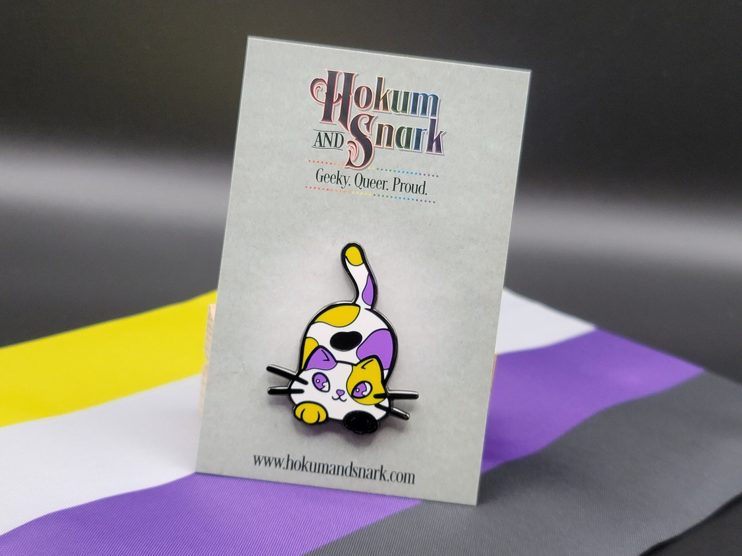 Nonbinary Pin Purride Chibi Cat Hard Enamel Pin in Non-binary Pride Flag Colors | LGBTQ+ Subtle Non Binary Cat Pin
