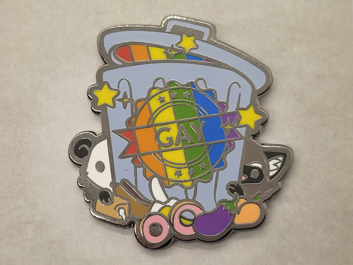 Gay Trash Panda Enamel Lapel Pin | Certified Gay Raccoon and Possum Rainbow Pride Pin