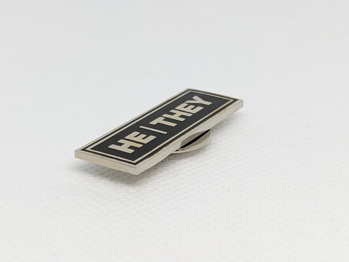 He/They Rectangle Pronoun Pin or Magnet Back Silver or Gold Hard Enamel 1.5 by .5 in | Masc Nonbinary Pronoun Badge