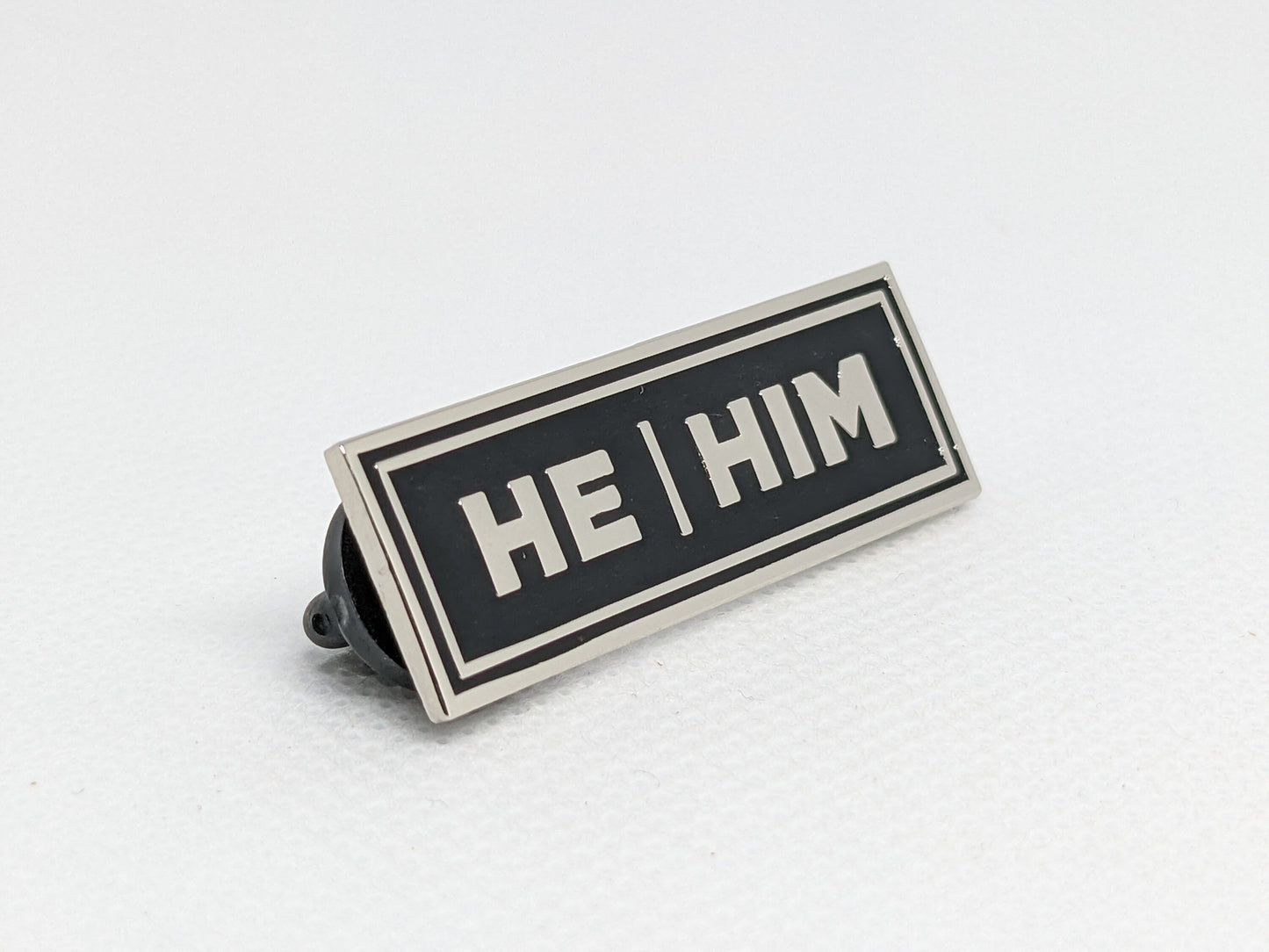 He/Him Rectangle Pronoun Pin or Magnet Back Silver or Gold Hard Enamel 1.5 by .5 in | He Him Pin | Men's Pronoun Badge