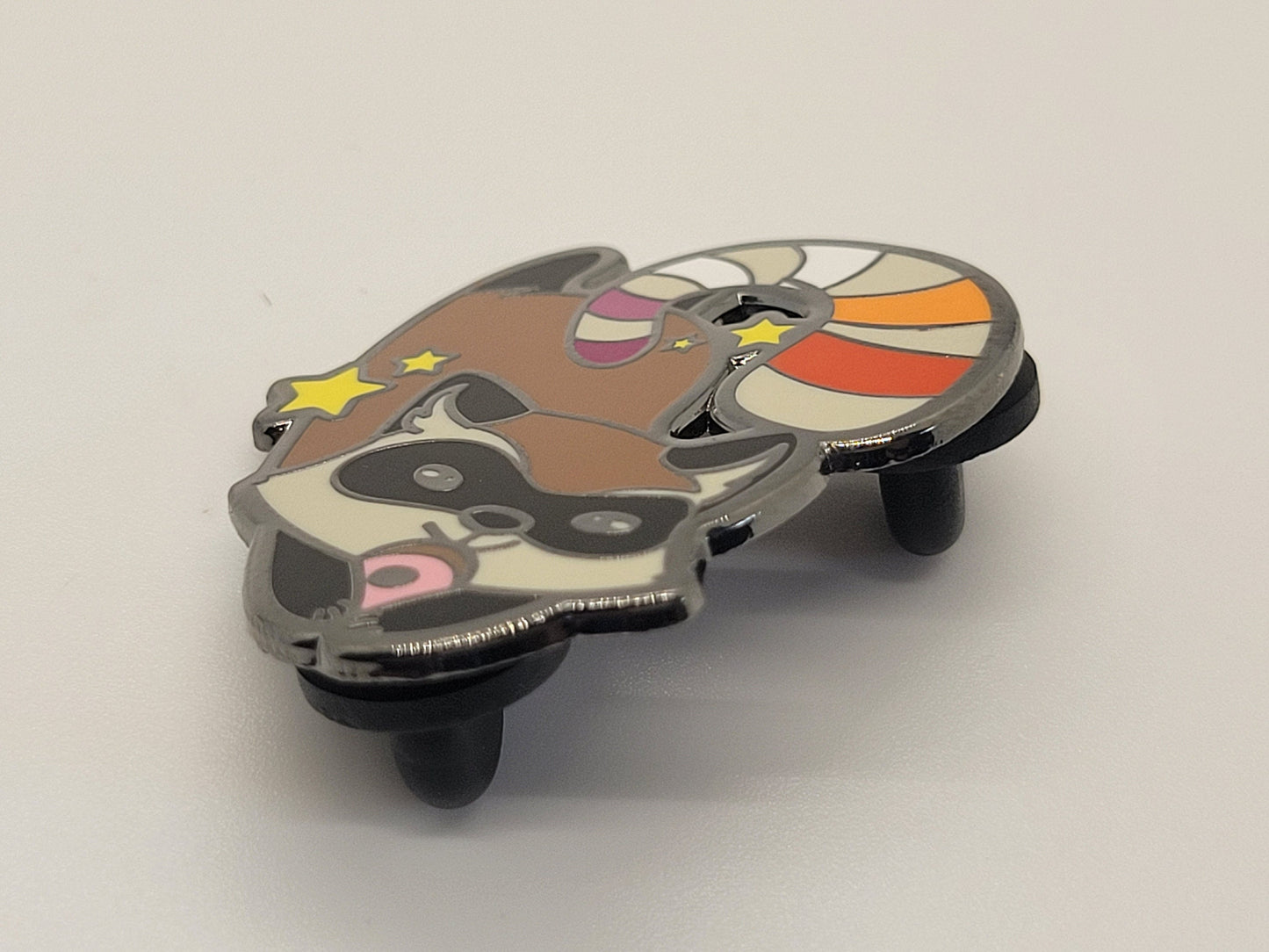 Lesbian Pride Cute Raccoon Enamel Lapel Pin | Chibi Trash Panda with Sunset Lesbian Flag Stripes on Tail