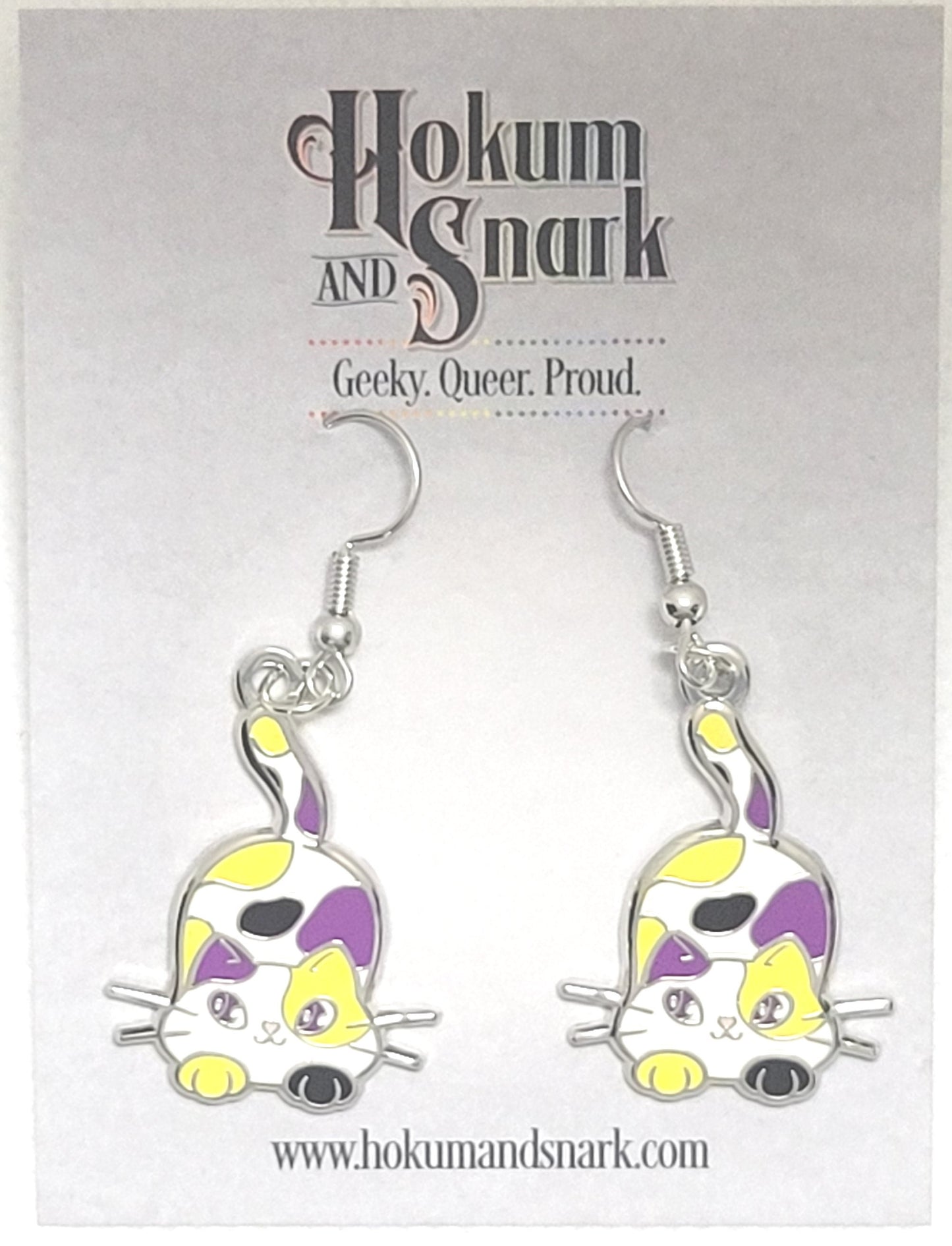 Nonbinary Purride Calico Cat Earrings in Enby Pride Flag Colors | Chibi Neko LGBTQ+ Subtle Pride Jewelry