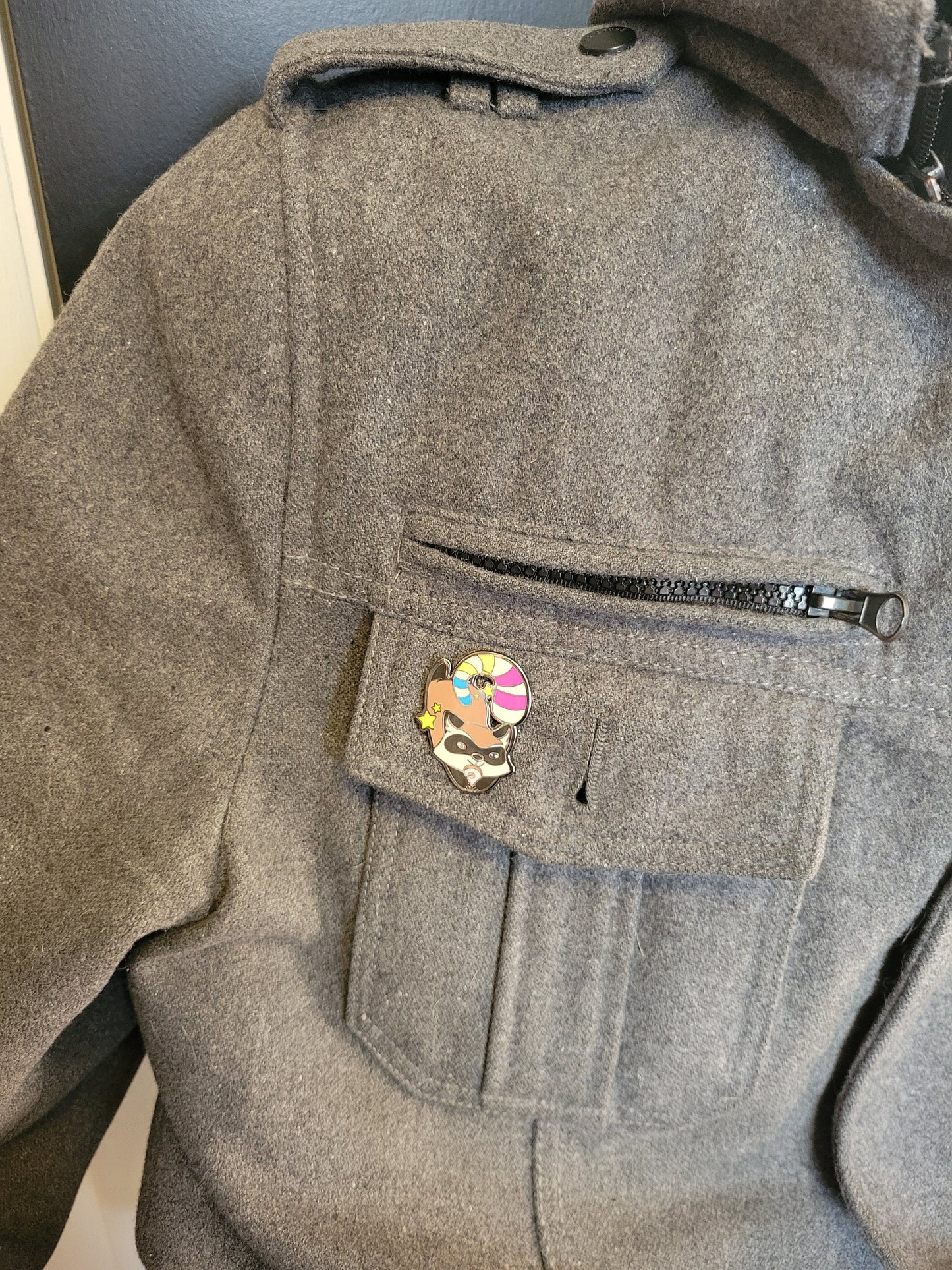 Pansexual Pride Raccoon Pin | Chibi Trash Panda Hard Enamel Lapel Pin with Pan Pride Stripes on Tail