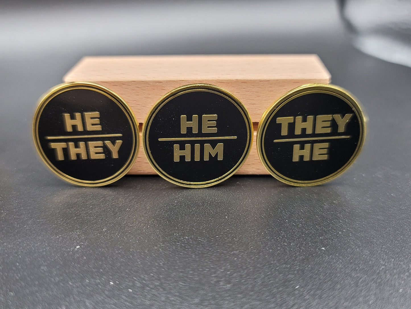 He They Pronoun Pin Silver or Gold 1-inch Round Hard Enamel | Masc Nonbinary Gender Fluid Pronoun Badge