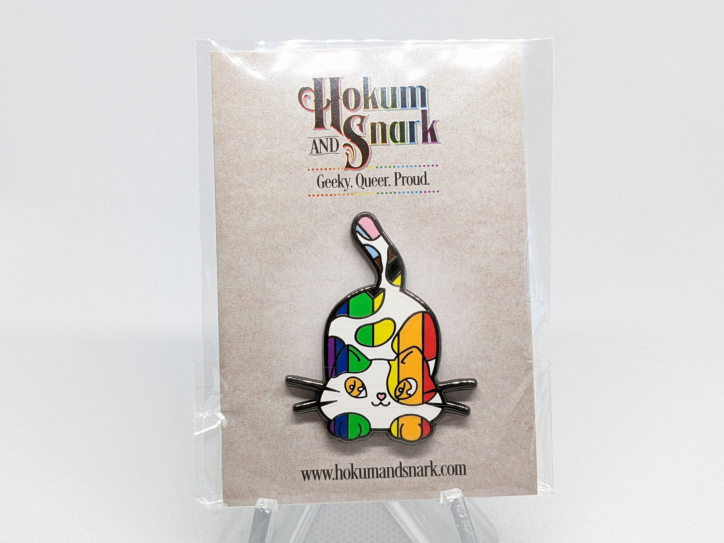 Subtle Gay Pride Pin Chibi Calico Cat Enamel Pin in Rainbow LGBT Progress Pride Flag Colors | Subtle Pride Jewelry