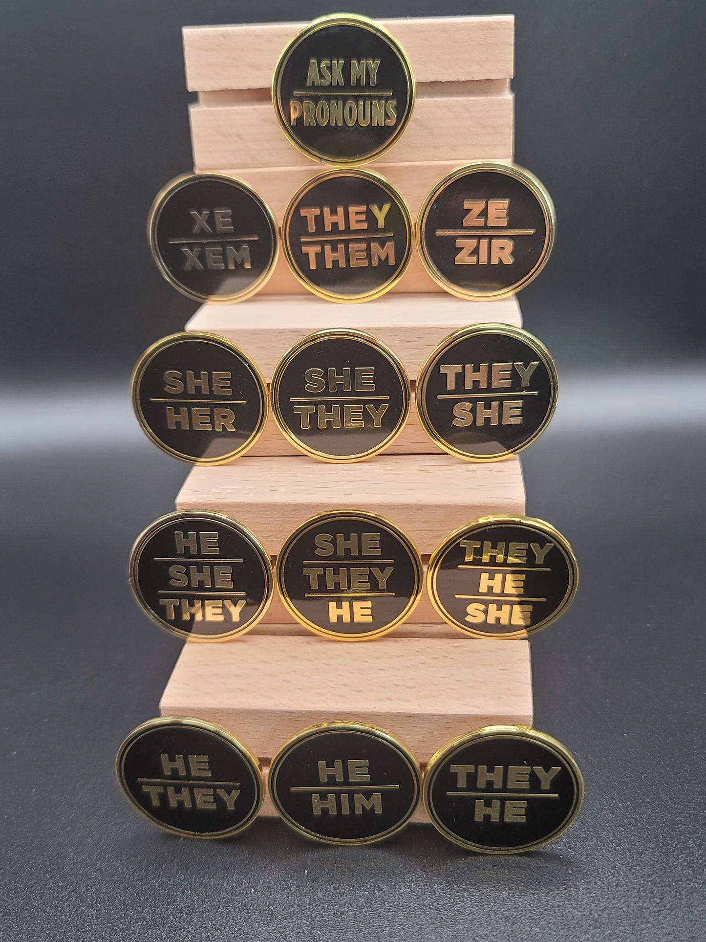 He They Pronoun Pin Silver or Gold 1-inch Round Hard Enamel | Masc Nonbinary Gender Fluid Pronoun Badge