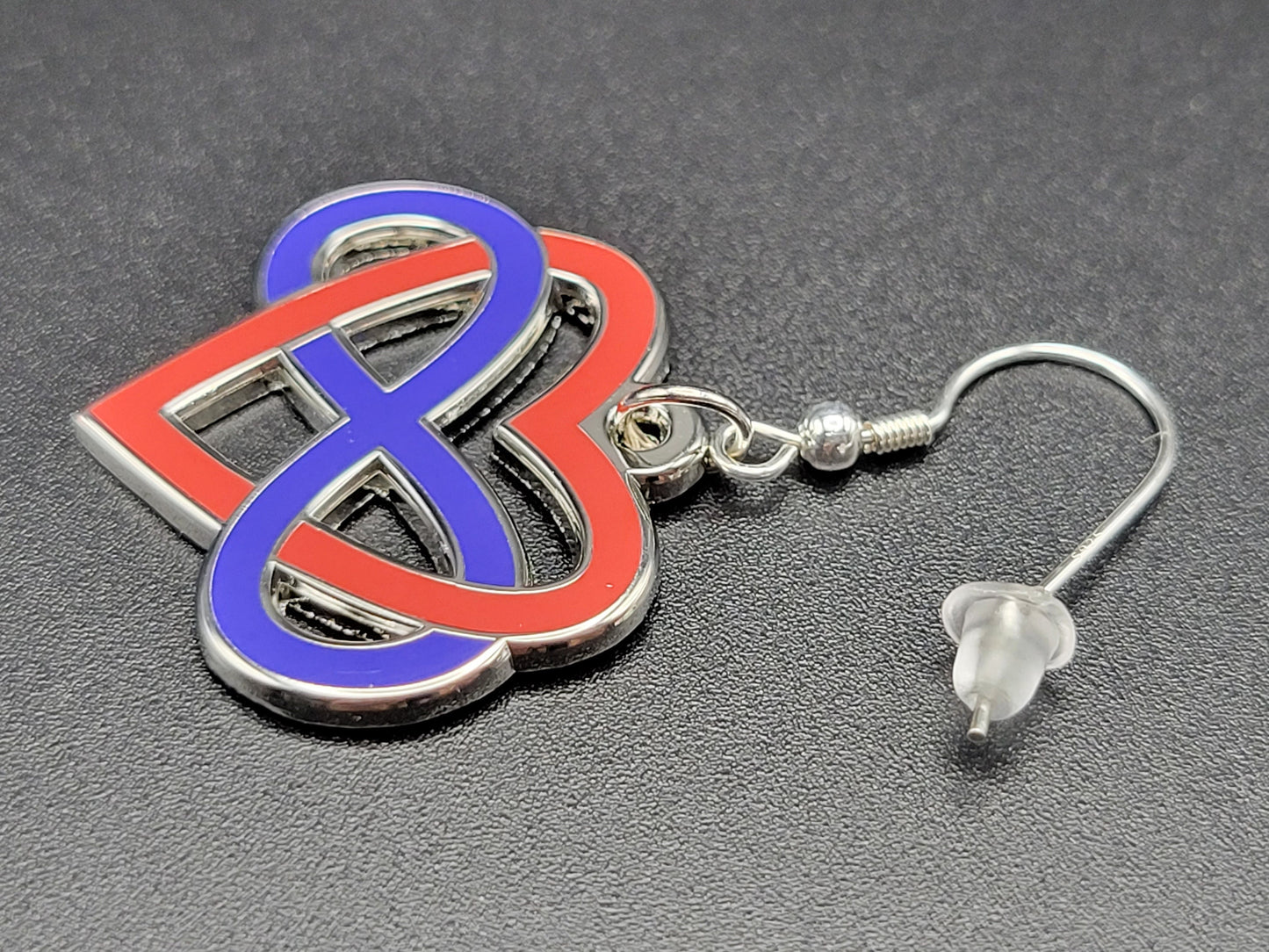 Polyamory Infinity Heart Enamel Earrings | Infinite Love Celtic Knot Blue Red Gold Cut Out Design | Polyamory Pride Jewelry