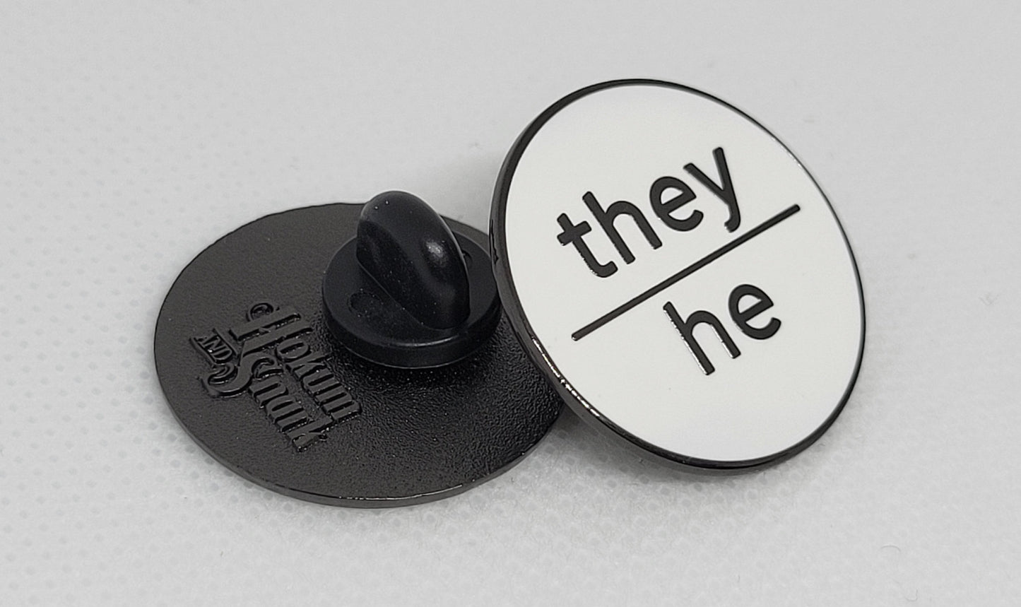 Modern Minimalist Pronoun Pin | They He Pin | Choose White & Gold or White/Black | They/He Pronoun Button | Nonbinary Pronoun Pin