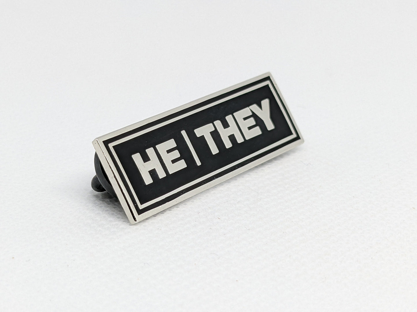 He/They Rectangle Pronoun Pin or Magnet Back Silver or Gold Hard Enamel 1.5 by .5 in | Masc Nonbinary Pronoun Badge