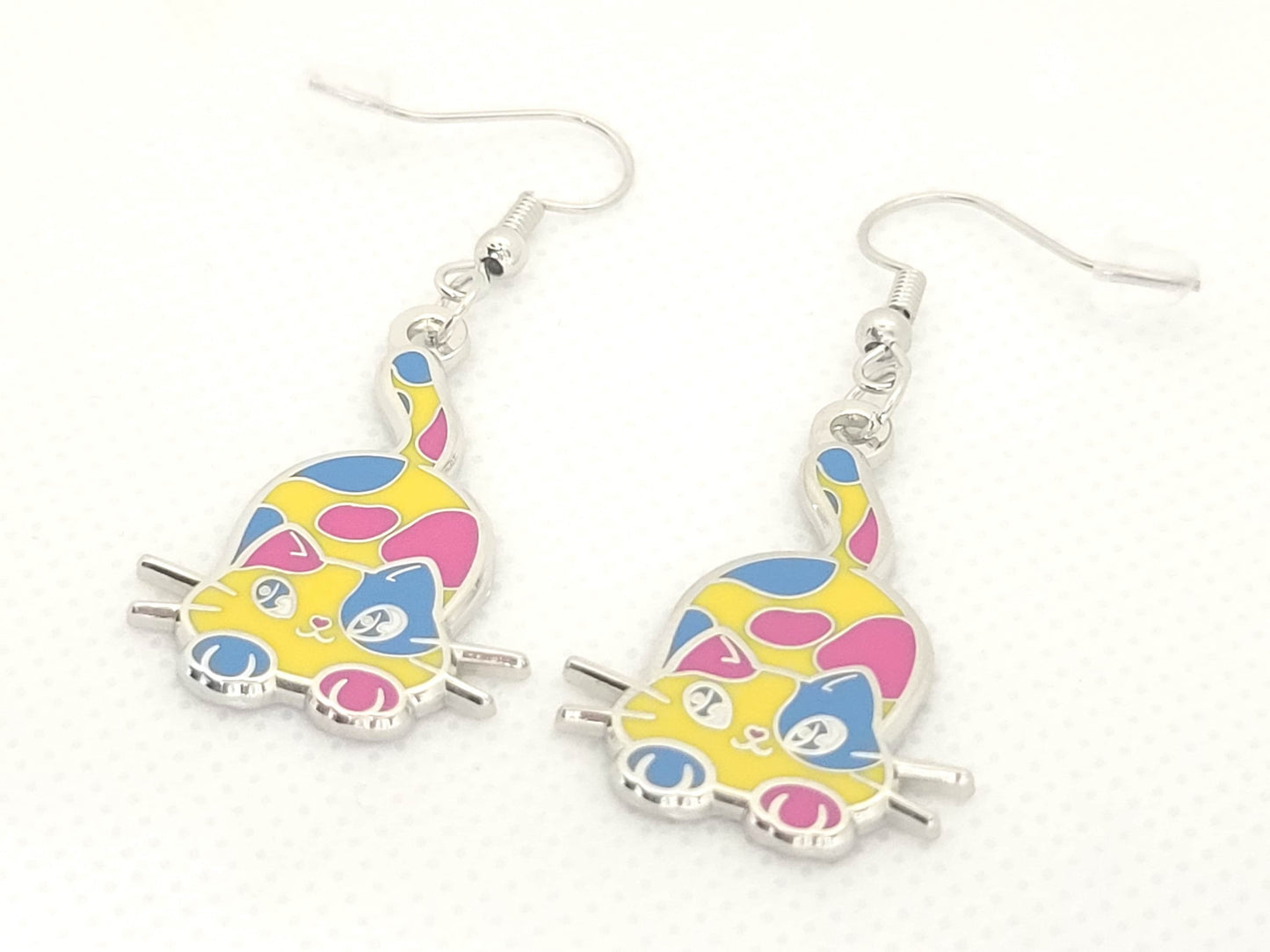 Pansexual Purride Calico Cat Earrings in Pan Pride Flag Colors | Chibi Neko LGBTQ+ Subtle Pride Jewelry