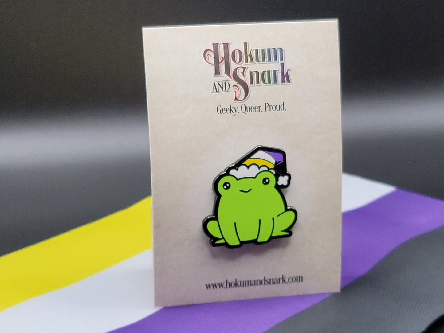 Nonbinary Frog Pin | Chibi LGBTQ Pride Frog Enamel Pin in Nonbinary Pride Flag Beanie or Santa Hat | Gay Christmas