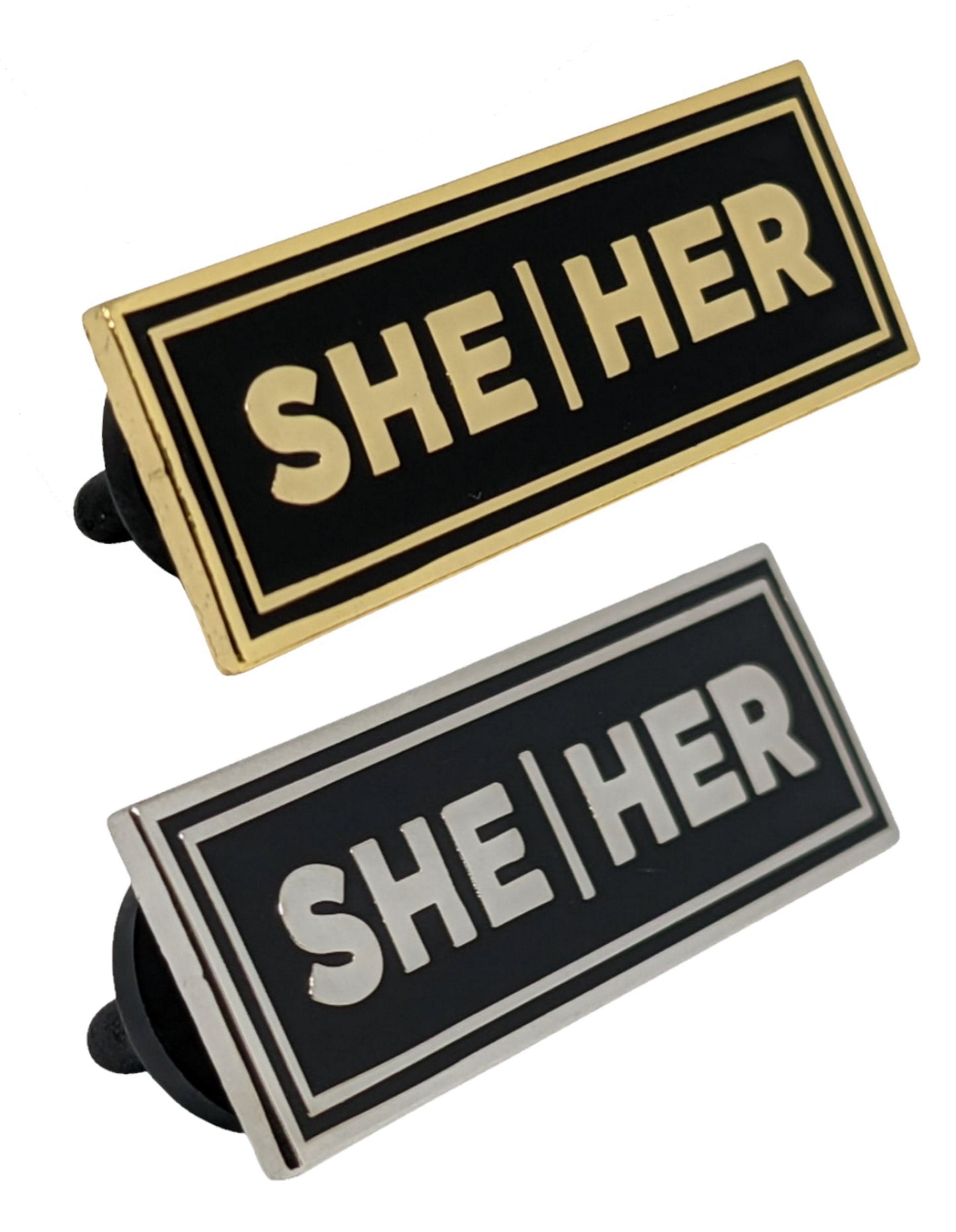 She/Her Rectangle Pronoun Pin or Magnet Back Silver or Gold Hard Enamel 1.5 by .5 in | Women's Pronoun Badge