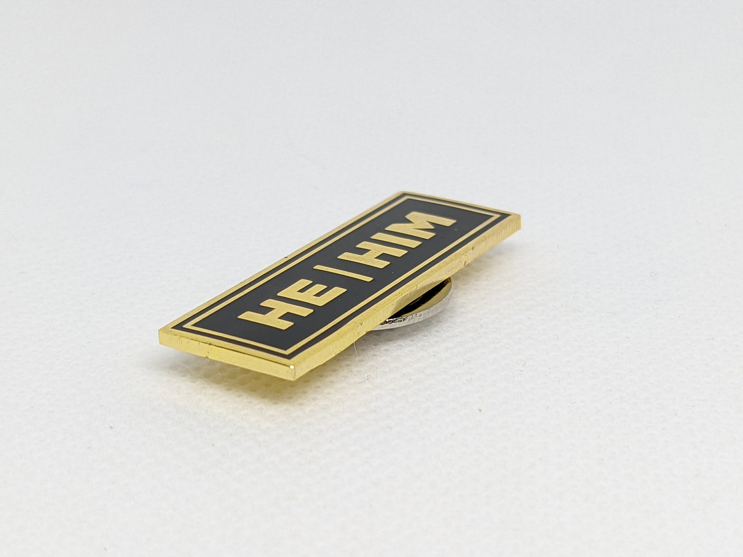 He/Him Rectangle Pronoun Pin or Magnet Back Silver or Gold Hard Enamel 1.5 by .5 in | He Him Pin | Men's Pronoun Badge