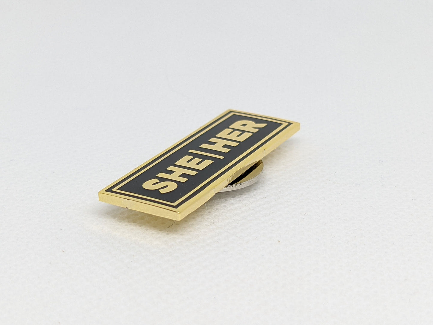 She/Her Rectangle Pronoun Pin or Magnet Back Silver or Gold Hard Enamel 1.5 by .5 in | Women's Pronoun Badge