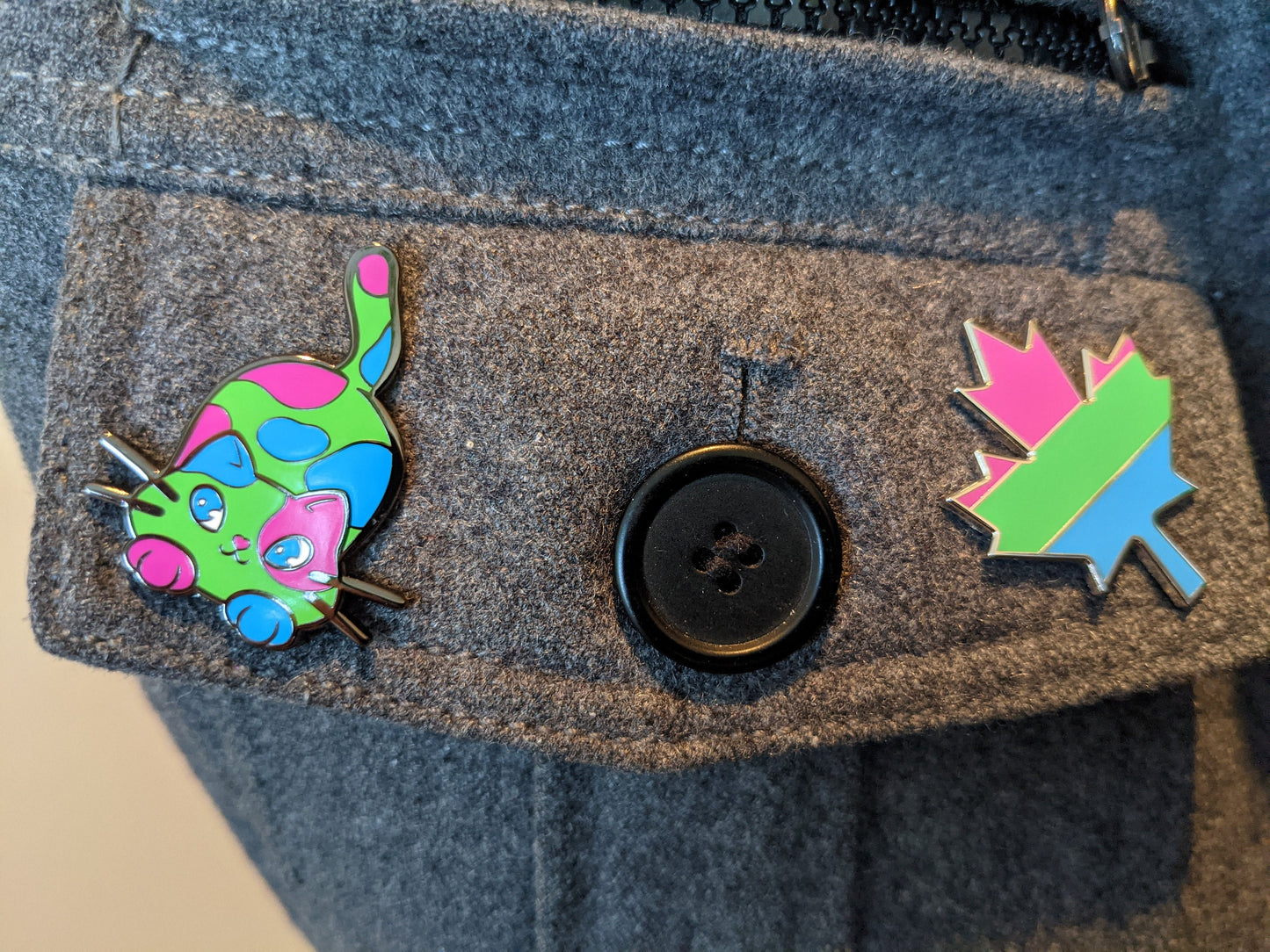 Polysexual Pin Purride Chibi Calico Cat Enamel Pin in Polysexual Pride Flag Colors | LGBTQ+ Subtle Pride Jewelry
