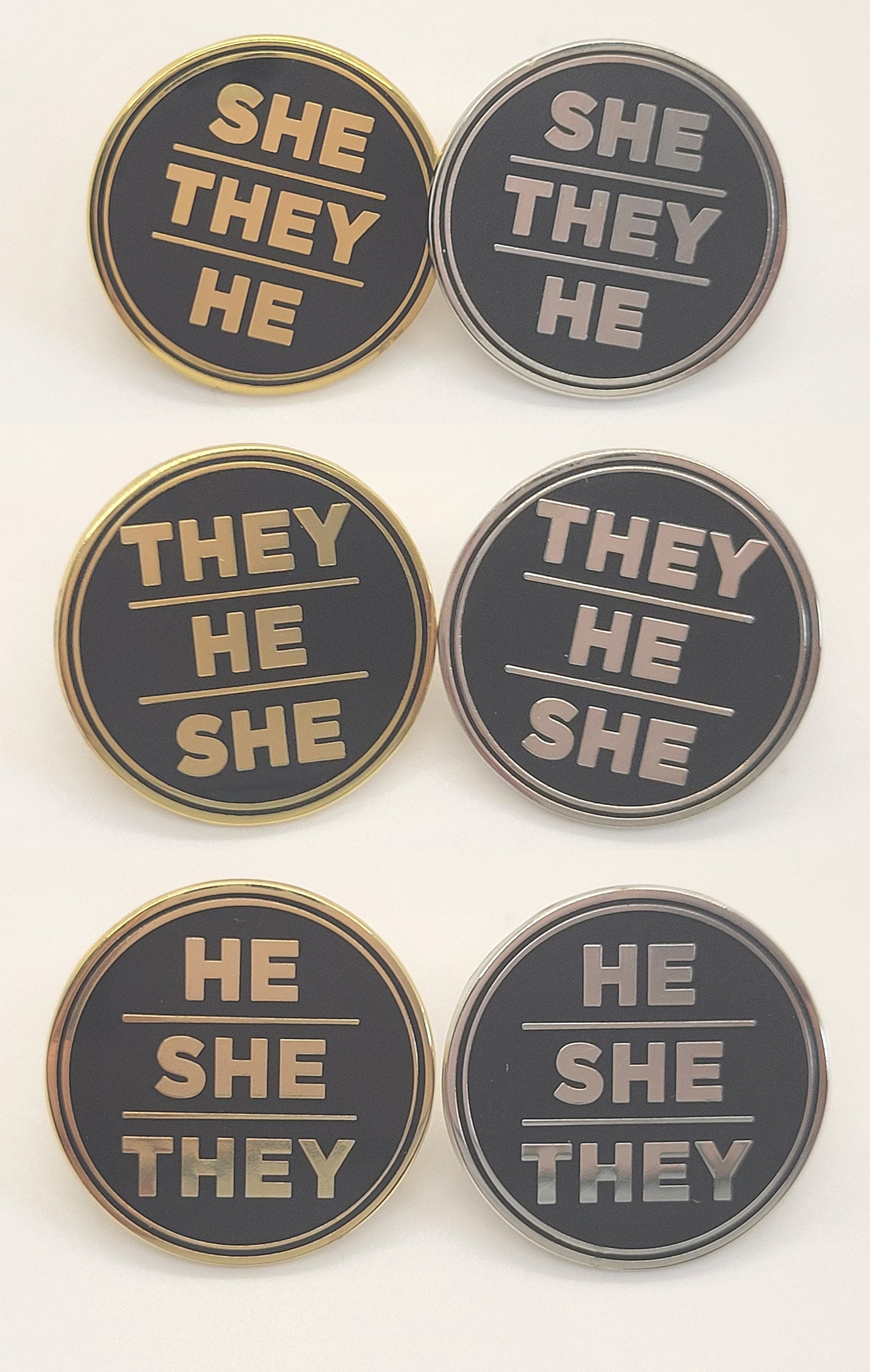 Bulk Discount Pronoun Pins Mix and Match Gold or Silver | Round All Caps Pronoun Badge for Work, Weddings, Conferences, Schools, Healthcare