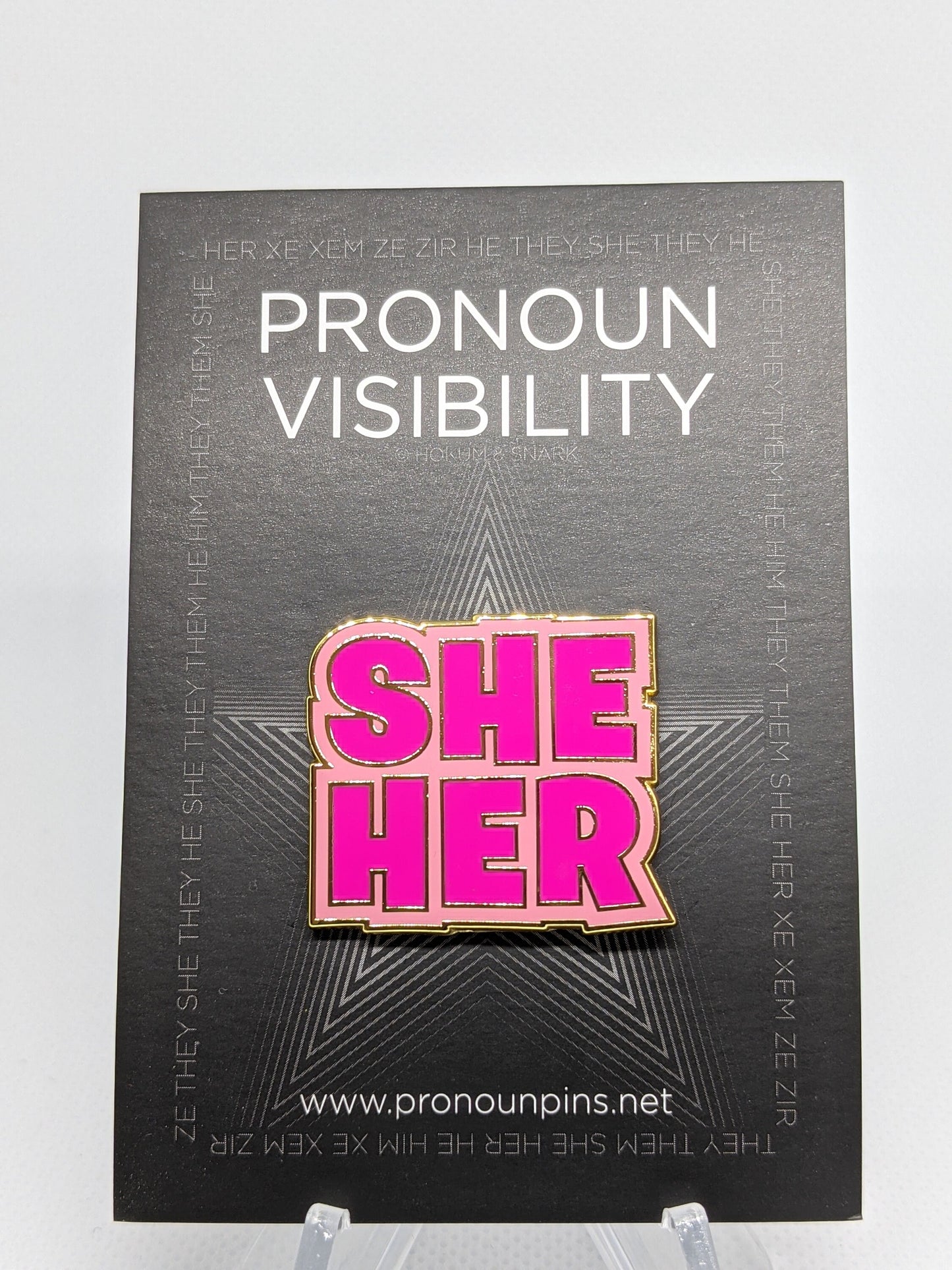 She Her Pronoun Pin Block Letters | Choose Pink or Black and White Female Femme Hard Enamel Pronoun Button