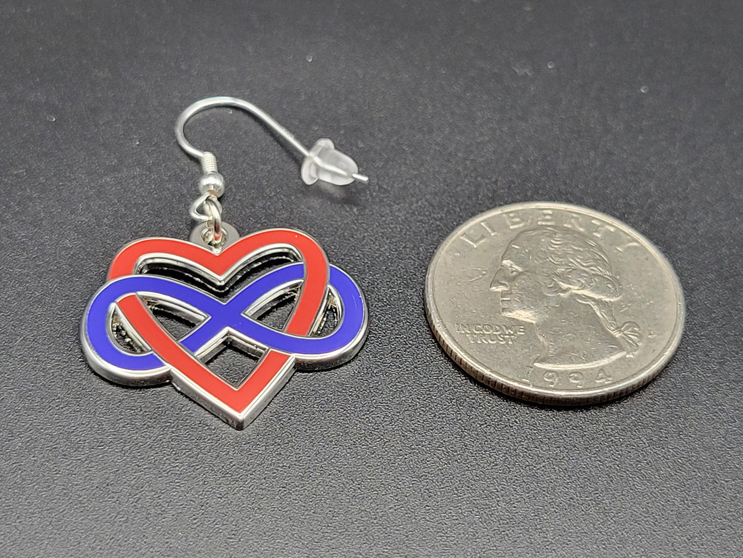 Polyamory Infinity Heart Enamel Earrings | Infinite Love Celtic Knot Blue Red Gold Cut Out Design | Polyamory Pride Jewelry