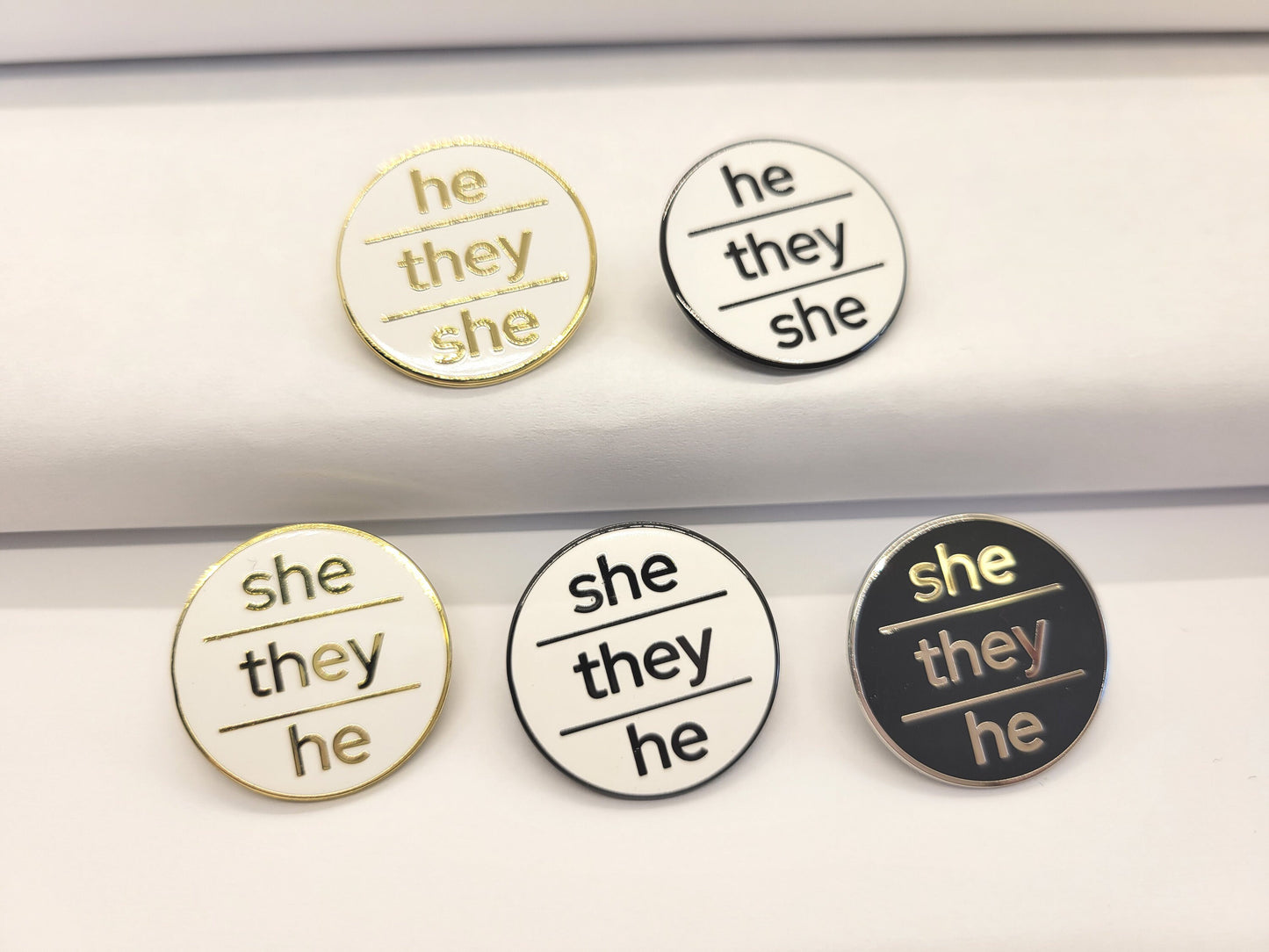 Bulk Discount Pronoun Pins Mix and Match Black Metal, Gold, or Silver | Modern Minimalist Round Lowercase Pronoun Badge