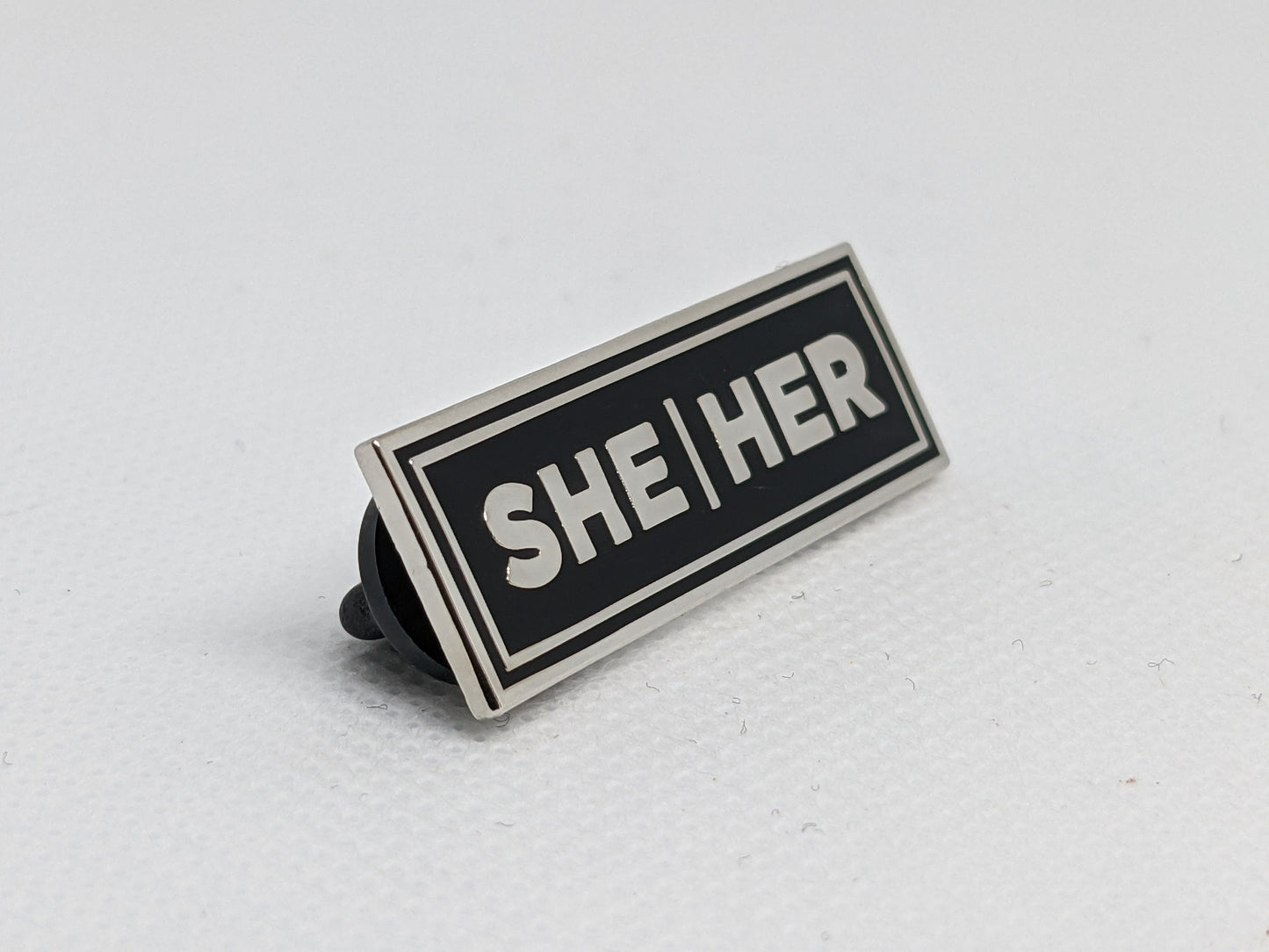 She/Her Rectangle Pronoun Pin or Magnet Back Silver or Gold Hard Enamel 1.5 by .5 in | Women's Pronoun Badge