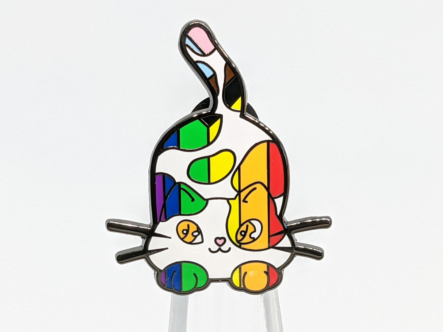 Subtle Gay Pride Pin Chibi Calico Cat Enamel Pin in Rainbow LGBT Progress Pride Flag Colors | Subtle Pride Jewelry
