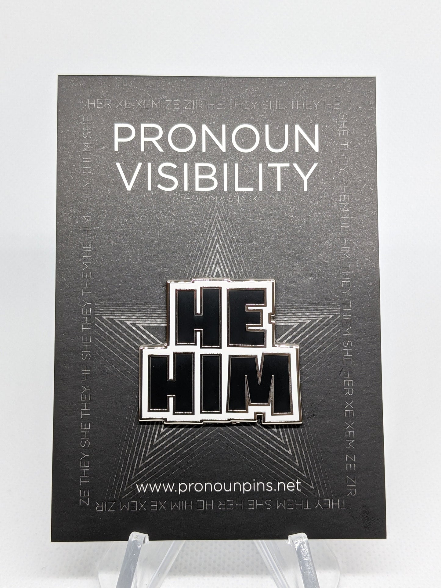 He Him Pronoun Pin Block Letters | Choose Blue or Black and White Masc Male Hard Enamel Pronoun Button Badge