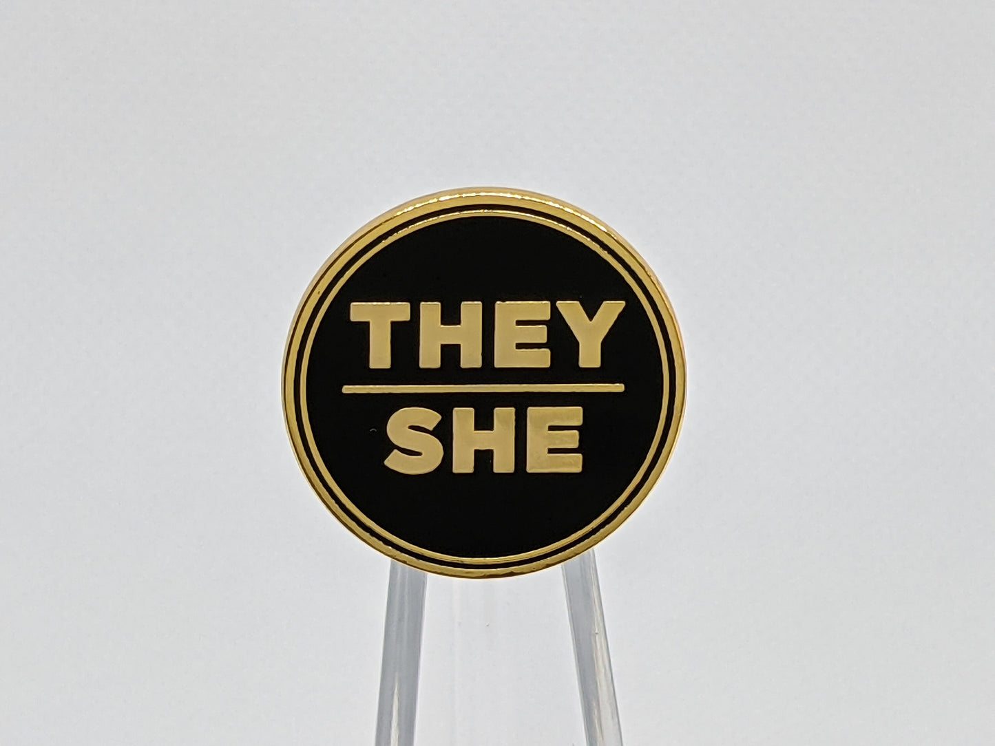 Modern Minimalist Pronoun Pin | They She Pin | Choose White & Gold or White/Black | They/She Pronoun Button | Nonbinary Pronoun Pin