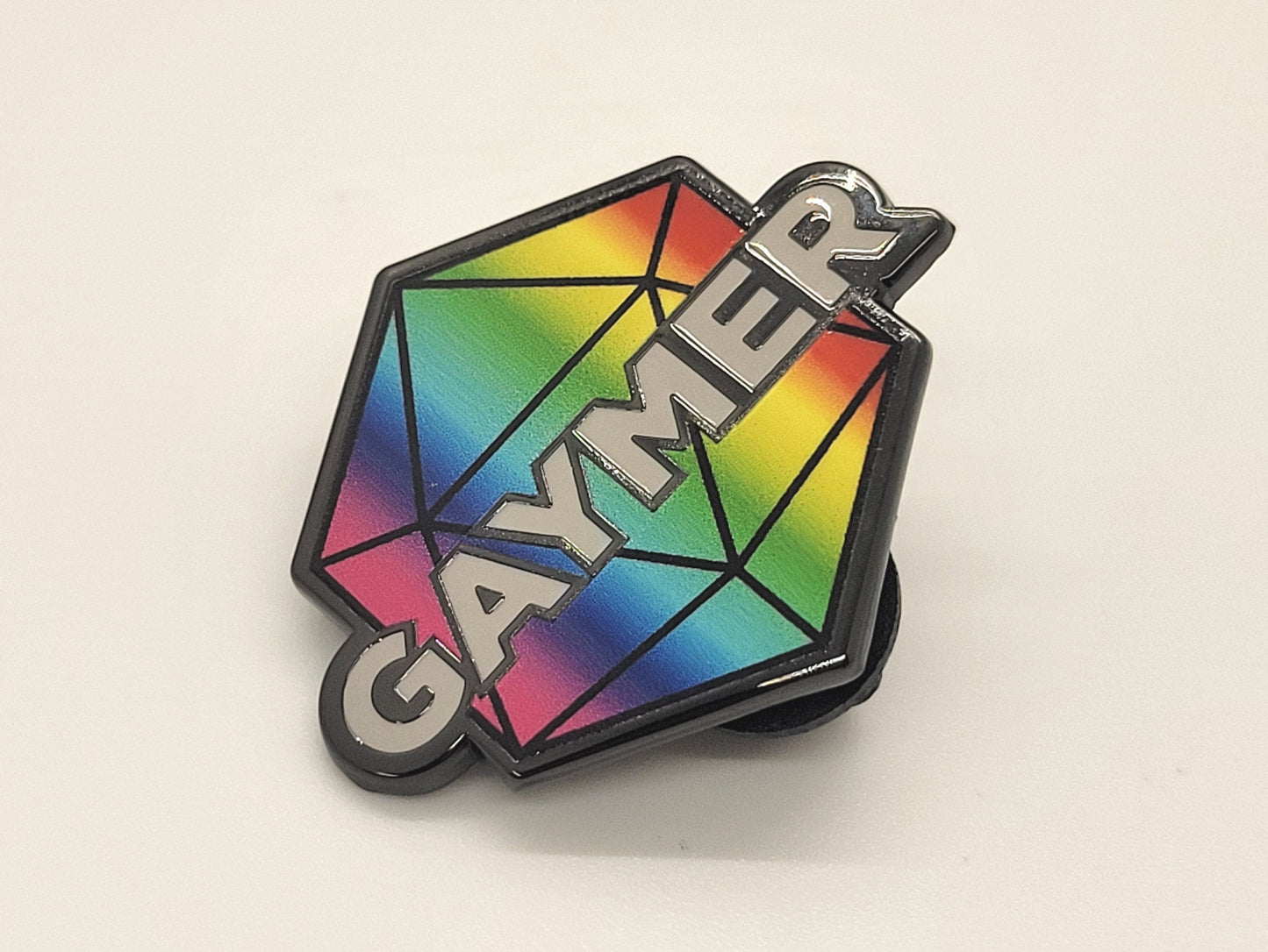 Gaymer Pride D20 Pin in Rainbow LGBT+ Flag Colors | Queer Gamer Hard Enamel Pin