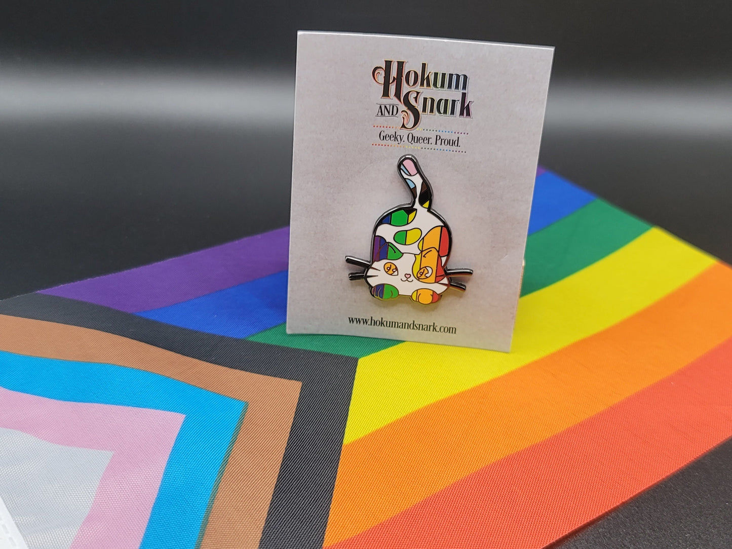 Subtle Gay Pride Pin Chibi Calico Cat Enamel Pin in Rainbow LGBT Progress Pride Flag Colors | Subtle Pride Jewelry
