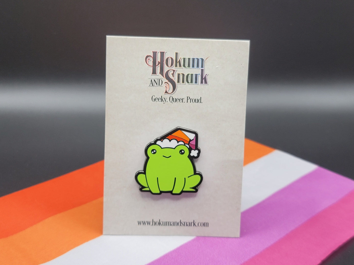 Lesbian Frog Pin | Chibi lgbtq Frog Enamel Pin with WLW Lesbian Pride Flag Beanie or Santa Hat for Gay Christmas