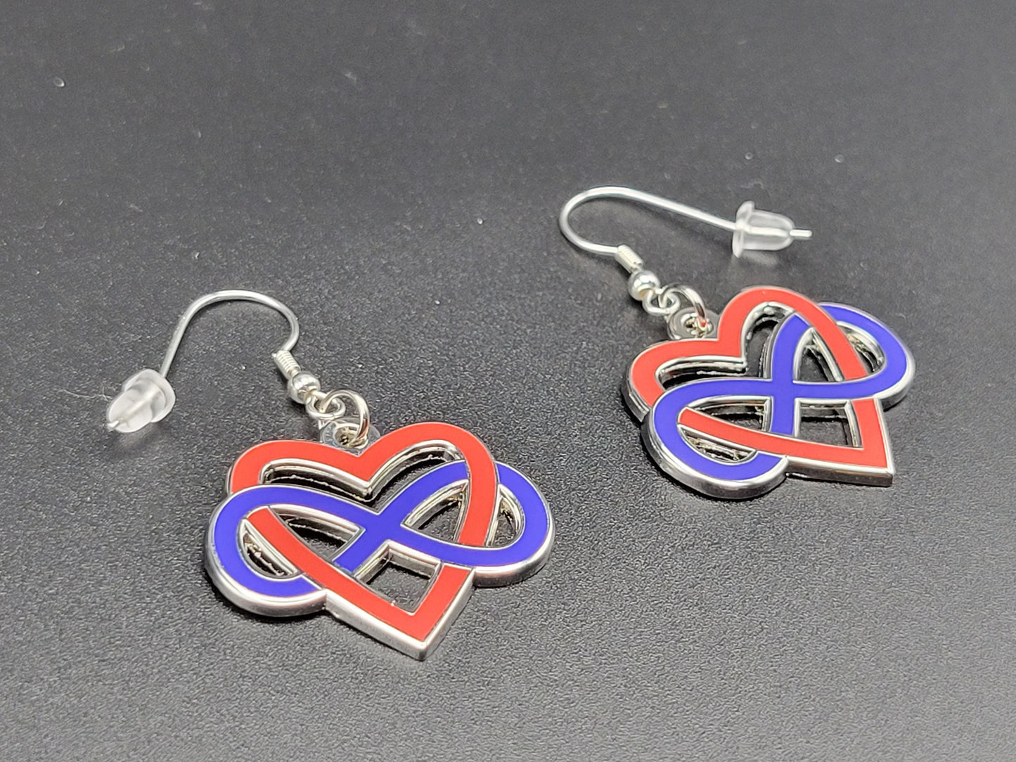 Polyamory Infinity Heart Enamel Earrings | Infinite Love Celtic Knot Blue Red Gold Cut Out Design | Polyamory Pride Jewelry
