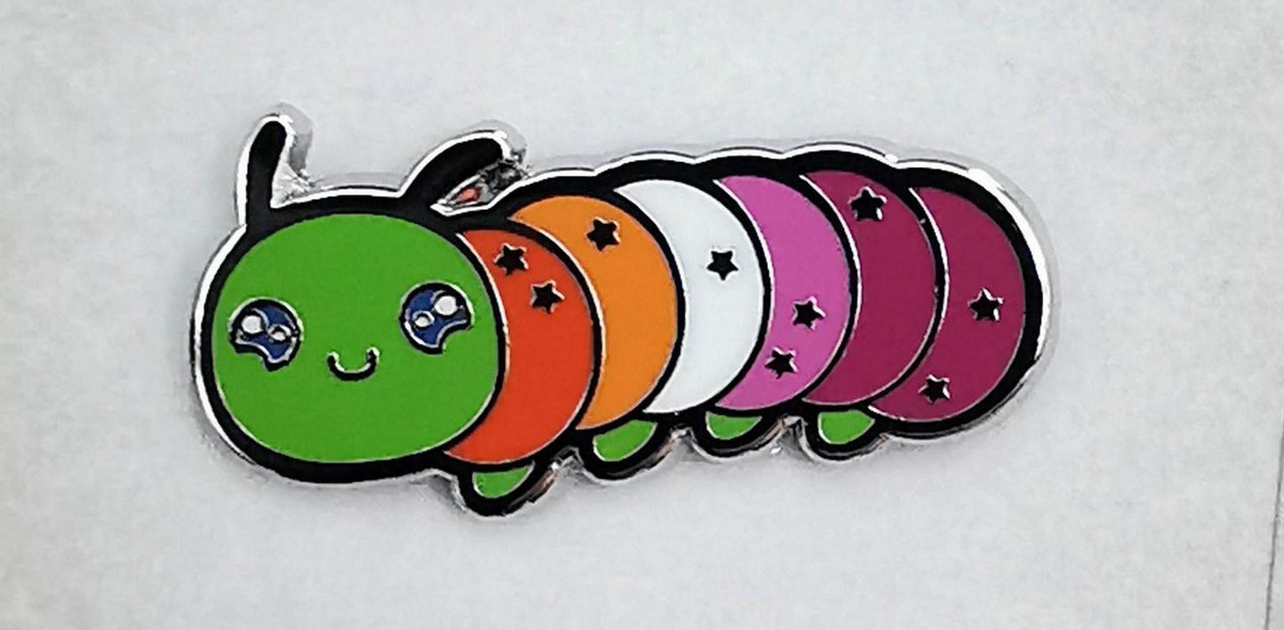 Lesbian Pride Pin | Caterpillar Chibi Enamel Pin in Lesbian Pride Flag Colors | LGBTQ+ Pins | Subtle Pride Jewelry Accessory