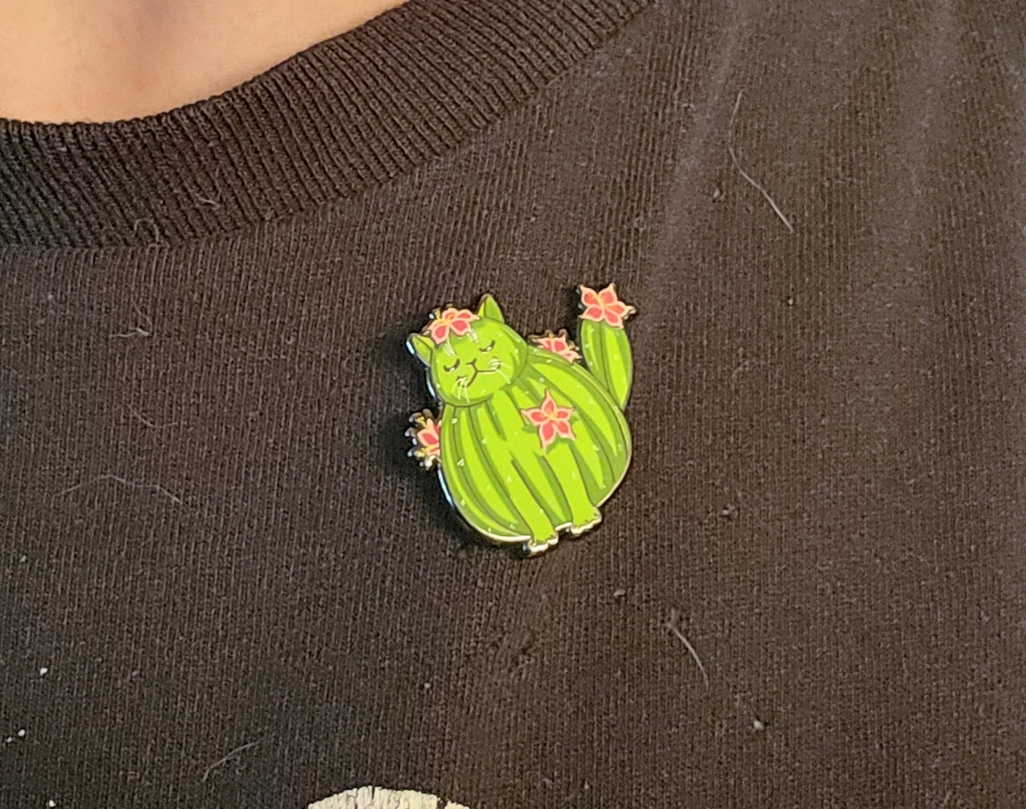 Cactus Cat Enamel Lapel Pin | Chibi Cute Cryptid Pin | Green Flowering Cactus Cat Southwest Cryptid Creature