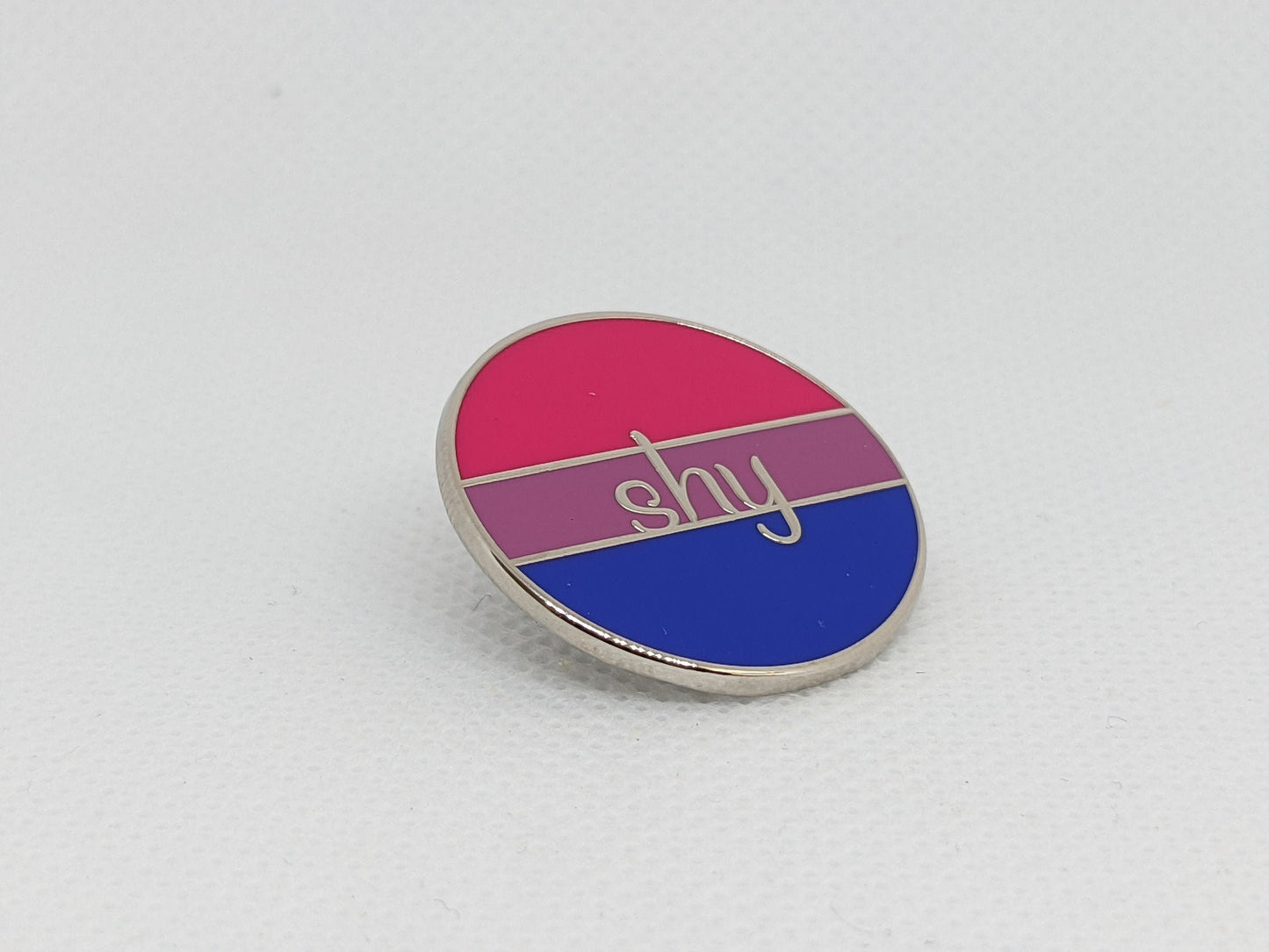 Shy Bi Enamel Pin Flirtatious Hinting in Bisexual Pride Flag Colors