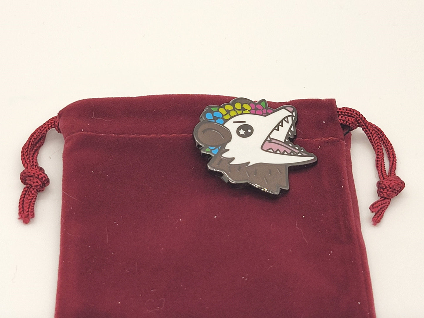Pansexual Pride Possum in Flower Crown Screams in Gay | Pan Trash Opossum Enamel Pin Screams in Pansexual | LGBTQ Pin