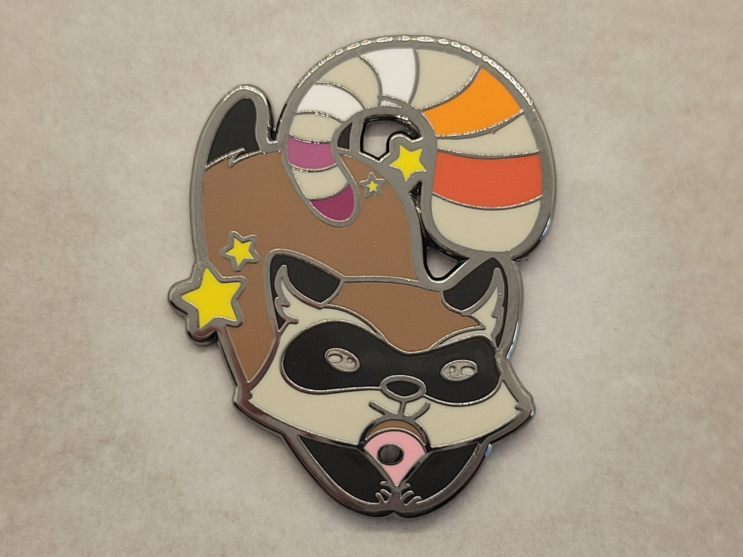 Lesbian Pride Cute Raccoon Enamel Lapel Pin | Chibi Trash Panda with Sunset Lesbian Flag Stripes on Tail