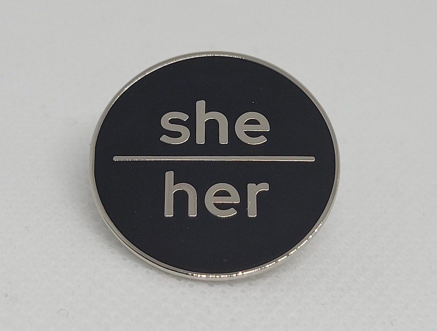 Modern Minimalist Pronoun Pin | She Her Pin | Choose White/Gold, White/Black or Black/Silver | She/Her Pronoun Button