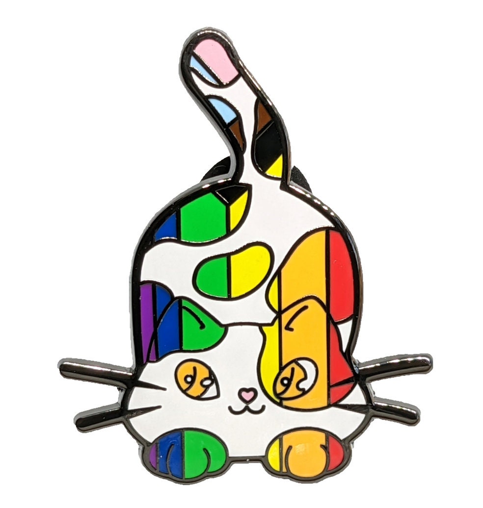 Subtle Gay Pride Pin Chibi Calico Cat Enamel Pin in Rainbow LGBT Progress Pride Flag Colors | Subtle Pride Jewelry