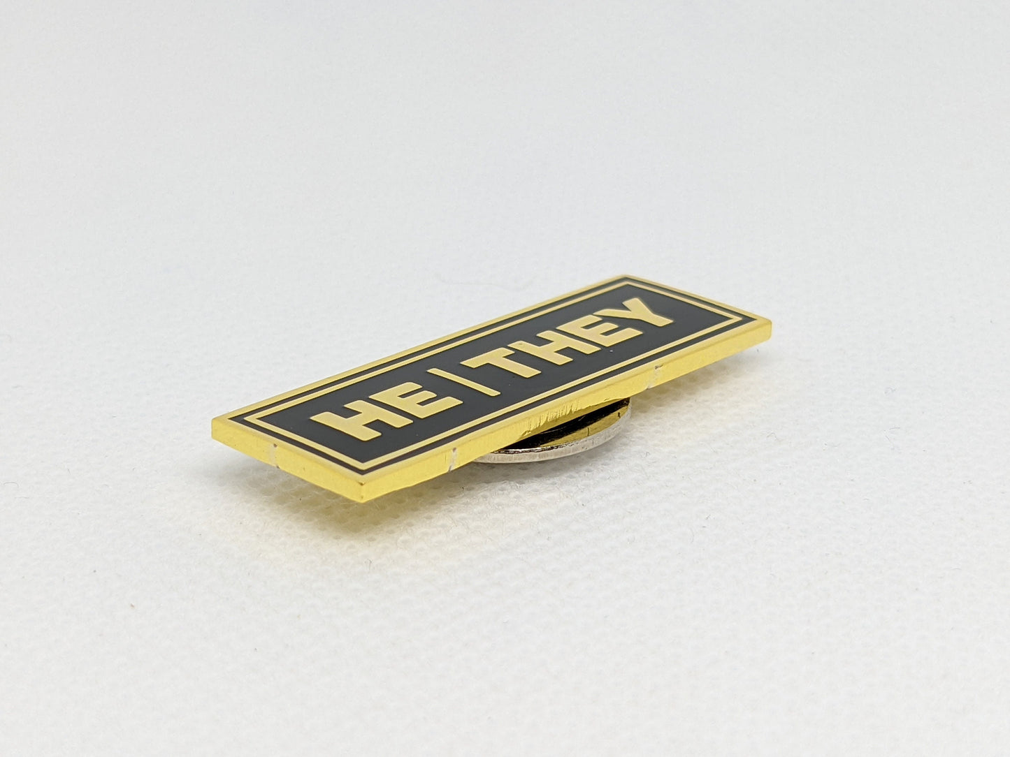 He/They Rectangle Pronoun Pin or Magnet Back Silver or Gold Hard Enamel 1.5 by .5 in | Masc Nonbinary Pronoun Badge