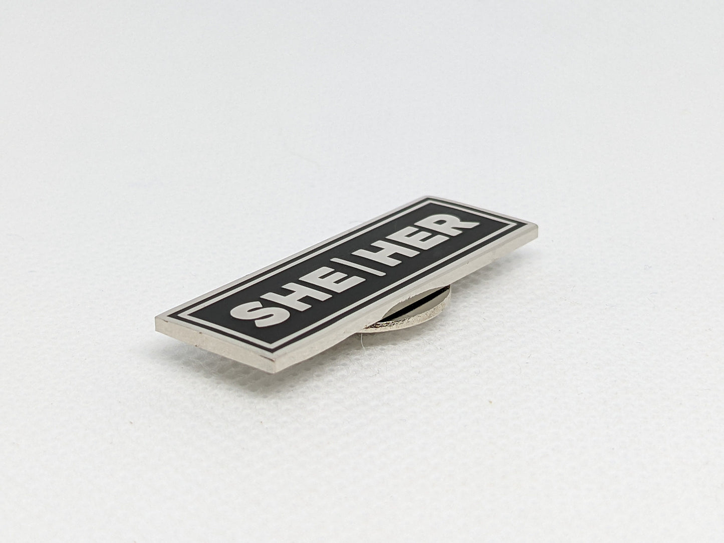 She/Her Rectangle Pronoun Pin or Magnet Back Silver or Gold Hard Enamel 1.5 by .5 in | Women's Pronoun Badge