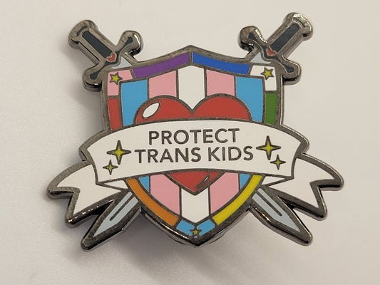 Protect Trans Kids Crossed Swords and Shield Trans Ally Pin | Support Trans Youth Transgender Rights Enamel Lapel