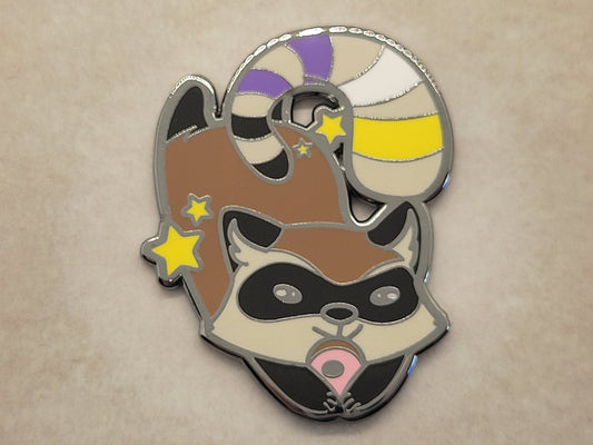 Nonbinary Pride Raccoon Enamel Lapel Pin | Chibi Gay Trash Panda Hard Enamel Pin Enby Pride Flag Stripes on Tail
