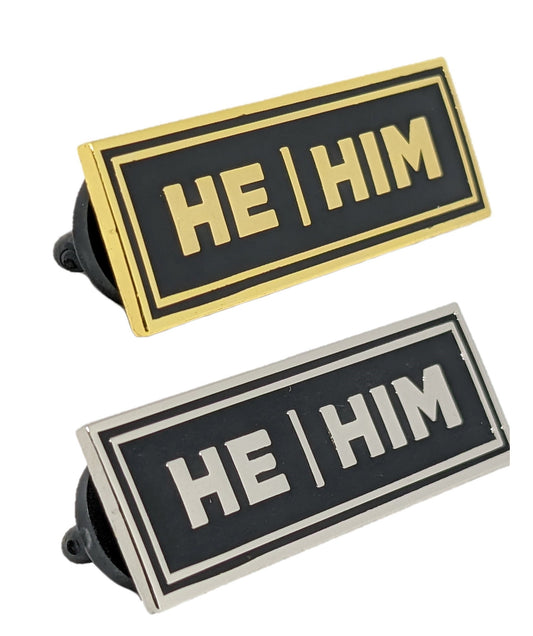 He/Him Rectangle Pronoun Pin or Magnet Back Silver or Gold Hard Enamel 1.5 by .5 in | He Him Pin | Men's Pronoun Badge