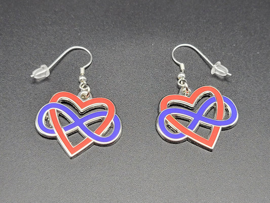 Polyamory Infinity Heart Enamel Earrings | Infinite Love Celtic Knot Blue Red Gold Cut Out Design | Polyamory Pride Jewelry