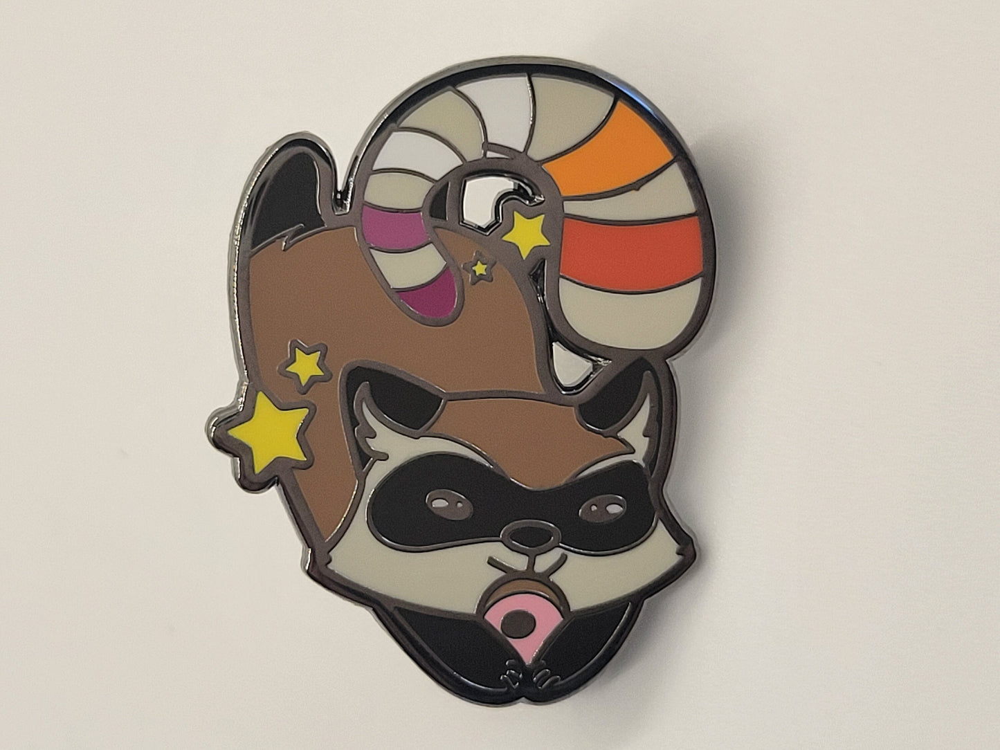 Lesbian Pride Cute Raccoon Enamel Lapel Pin | Chibi Trash Panda with Sunset Lesbian Flag Stripes on Tail