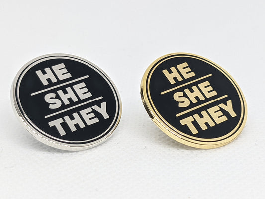 He She They Pronoun Pin Silver or Gold 1-inch Round Hard Enamel | Nonbinary Genderfluid Genderqueer Pronoun Badge